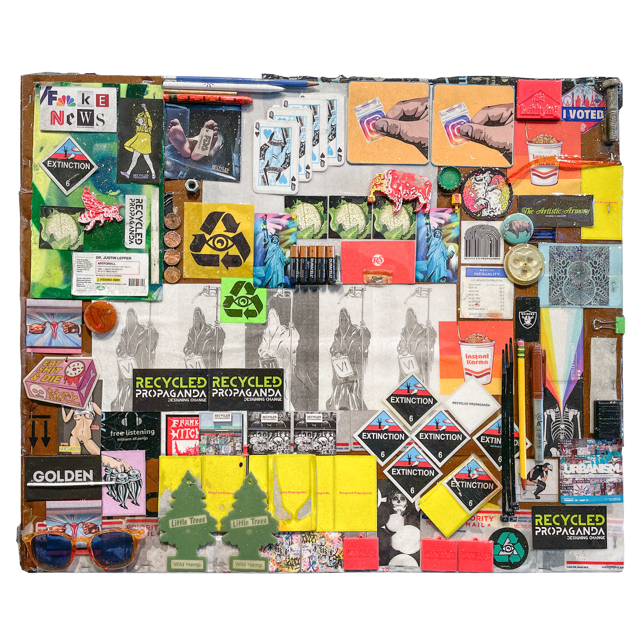 a Recycled Propaganda stencil artwork featuring his social commentary imagery